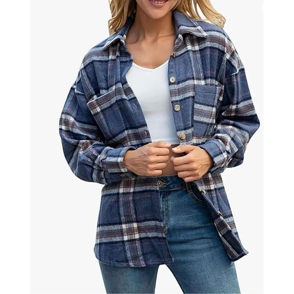 Womens Superga Warm Weather Blue Plaid Cozy Shacket Shirt Jacket - Sz S